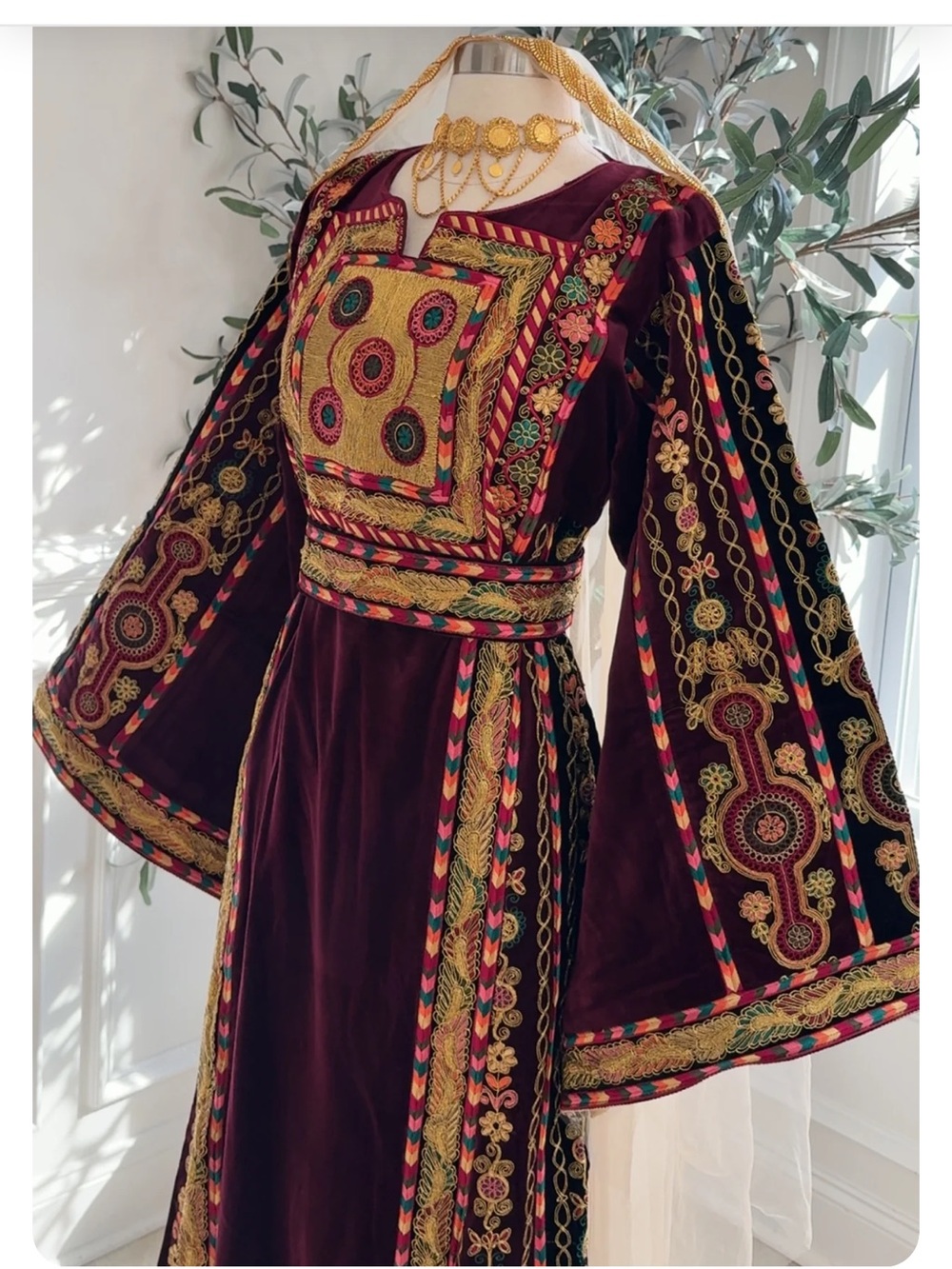 Embroidered Maroon Velvet Women’s Dress with Gold Accents